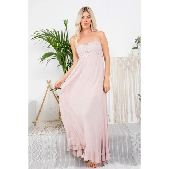 Nude Pink Scallop Crochet Lace Bust Strapless Tube Tiered Skirt Maxi Long Dress - Picture 1 of 6